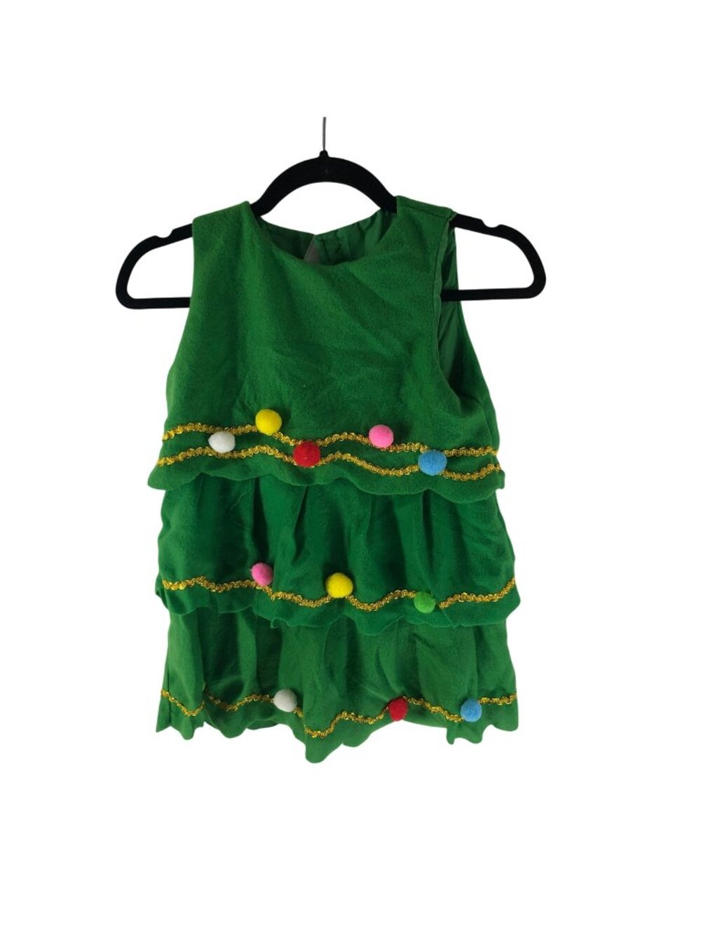 Christmas Tree Costume Dress Hat Pom-Pom Accents Green Gold Trim Girls 7/8 M